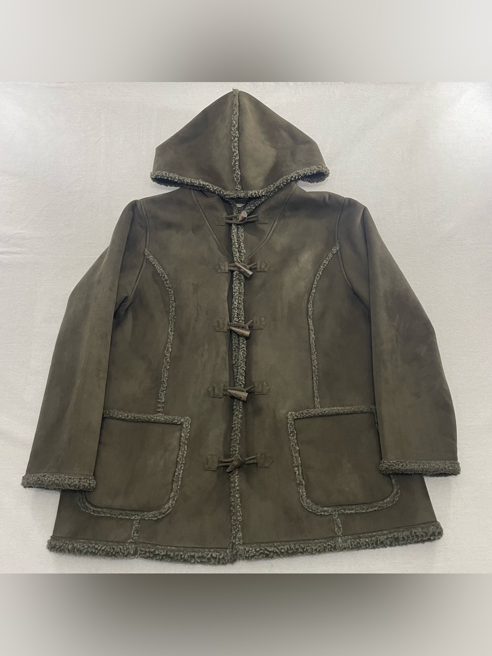 LL Bean Faux Suede Sherpa Lined Toggle Coat with Hood Long Trench XL PET
